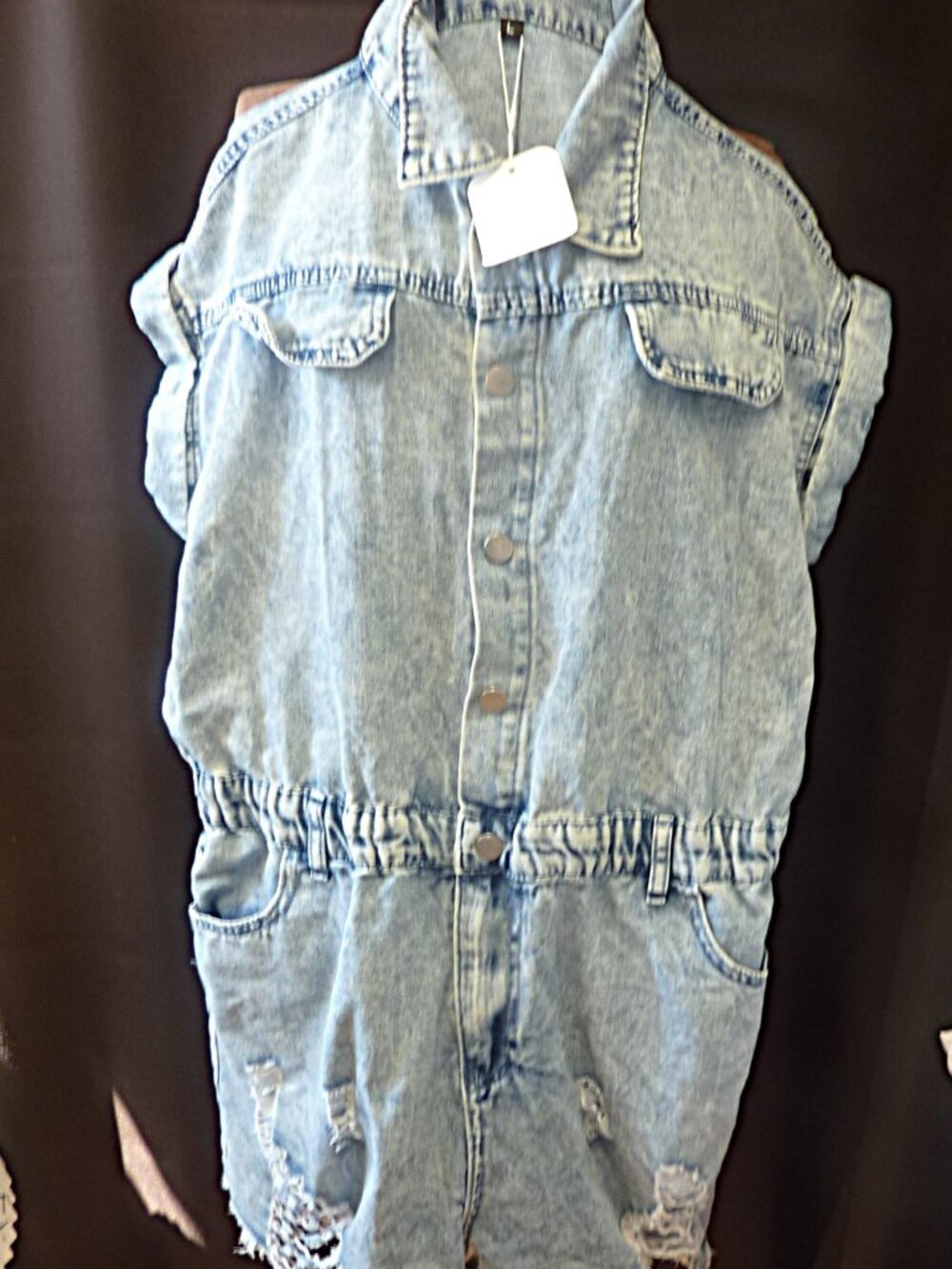 Women's Distressed Denim Romper Short Cuffed Sleeve Jean Jumpsuit. New